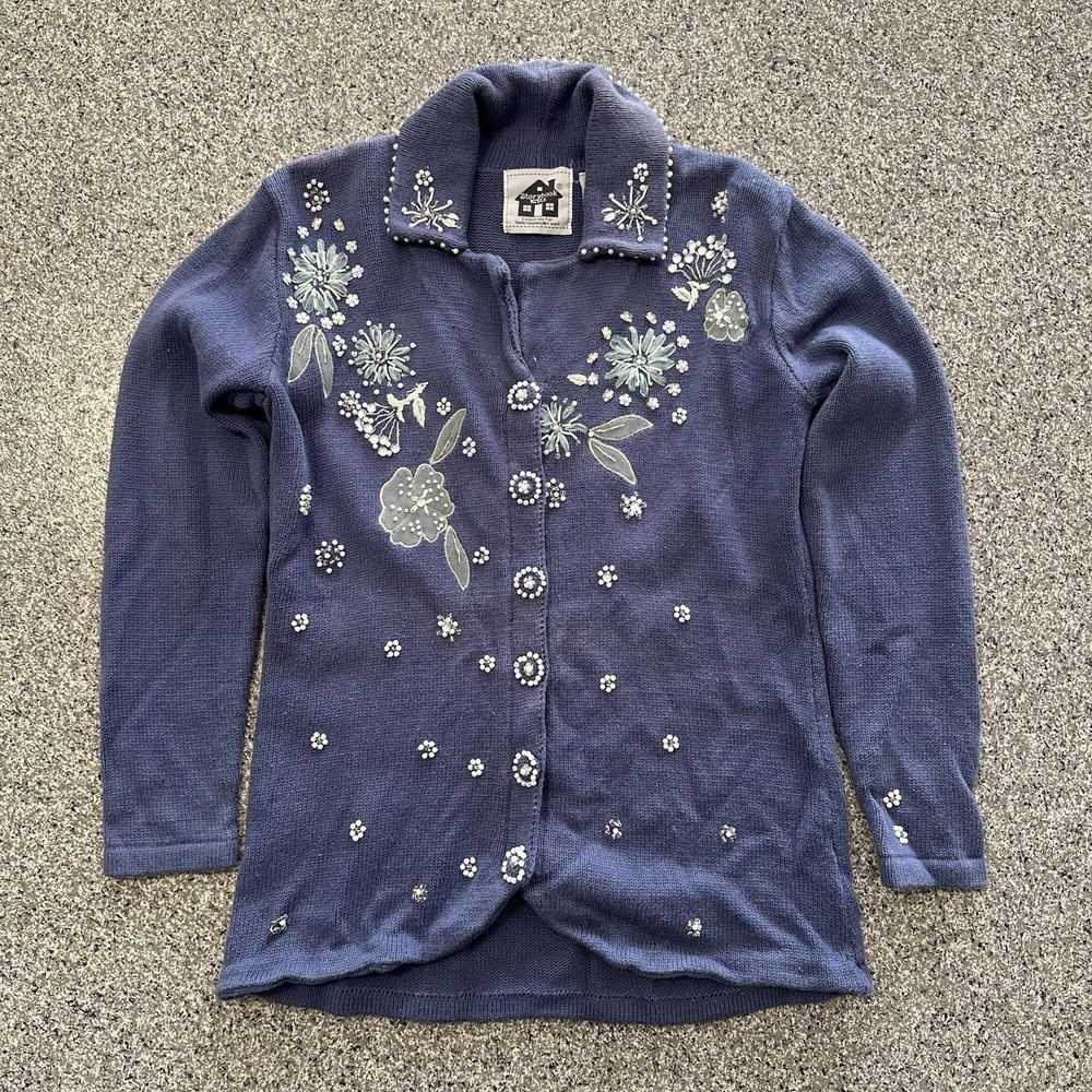 Storybook Knits Sweater Cardigan Womens XS Floral Embroidered Vintage 90's